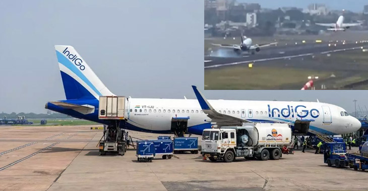 The tail of an IndiGo aircraft hits the runway at Mumbai Airport